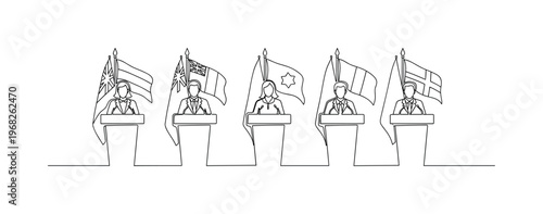 Multinational Summit. Minimalistic one-line drawing leaders standing behind podiums with flags, continuous single black line on white background, simple