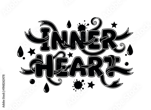 Inner Heart. lettering and all elements in black. Vector style. AWhite background. Pure white background. Perfect isolation and visual consistency. Funky