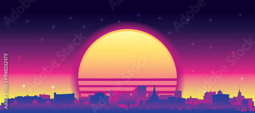 Purple generic retro futuristic synthwave panoramic poster of the city skyline with misty background sunset buildings of TOULOUSE, FRANCE