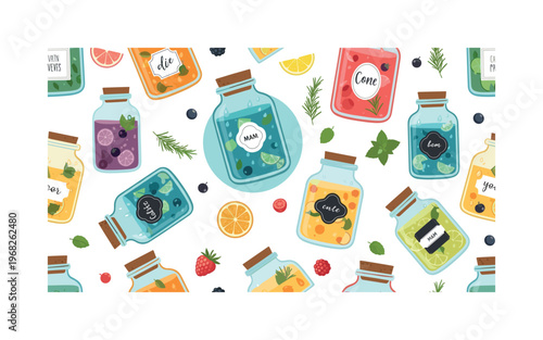 mason jar icons seamless pattern, repeating pattern, surface design, textile print, modern illustration of half-filled glass jars, corks, liquids, labels,