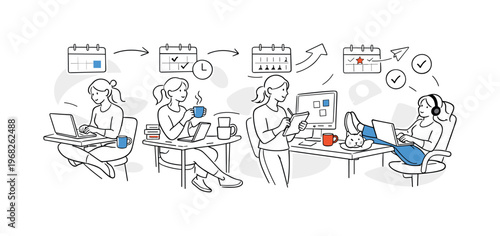 Remote Work Journey. Home workspace changing day by day, coffee cups, notebooks, and screens shifting position, feeling of personal rhythm and adaptation.