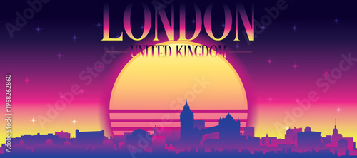 Purple generic retro futuristic synthwave panoramic poster of the city skyline with misty background sunset buildings of LONDON, UNITED KINGDOM