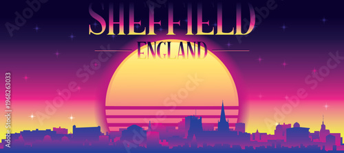 Purple generic retro futuristic synthwave panoramic poster of the city skyline with misty background sunset buildings of SHEFFIELD, UNITED KINGDOM