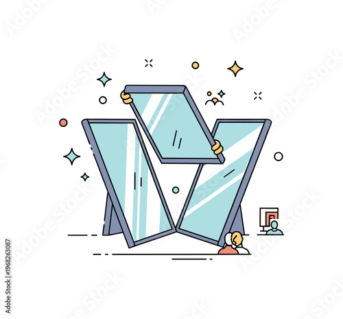 Fragmented perspectives angled mirrors concept where reflections intersect and create multiple viewpoints while tiny sparkle and line icons highlight visual