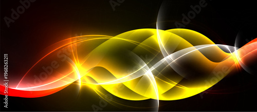 Abstract waves, vibrant colors, dynamic flow. Yellow, red, white blend into dark background. Energy radiates from central point.