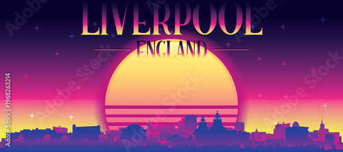 Purple generic retro futuristic synthwave panoramic poster of the city skyline with misty background sunset buildings of LIVERPOOL, UNITED KINGDOM