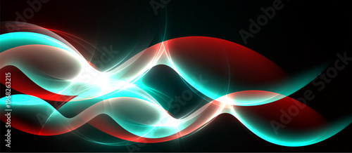 Abstract waves, vibrant colors, bright light effects. Red, teal hues blend, creating dynamic visual experience. Smooth curves dominate composition.