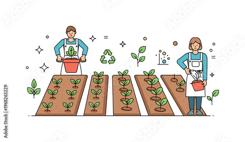 Vegetable patch seasonal planting scene where seedlings are being planted in neat rows while small sparkle and line icons emphasize nurturing, growth, and