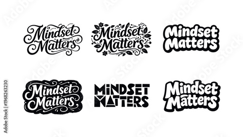 Mindset Matters. Set lettering. harmonious lettering variations of the same emblematic concept, each with different artistic interpretation (Whimsical curly