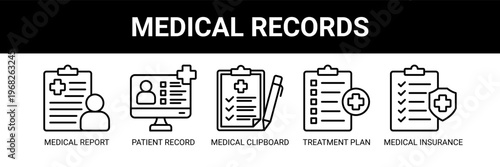 Medical Records web banner icon vector illustration concept with icons of medical report, patient record, medical clipboard, treatment plan, and medical insurance.