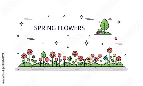Spring flowers roadside bloom scene where flowers line a sidewalk or street while small sparkle and line icons emphasize urban greenery, seasonal color, and