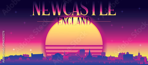 Purple generic retro futuristic synthwave panoramic poster of the city skyline with misty background sunset buildings of NEWCASTLE, UNITED KINGDOM