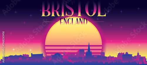 Purple generic retro futuristic synthwave panoramic poster of the city skyline with misty background sunset buildings of BRISTOL, UNITED KINGDOM