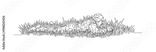 Blending with Nature. Minimalistic one-line drawing individual in camouflage lying low in grass, continuous single black line on white background, simple
