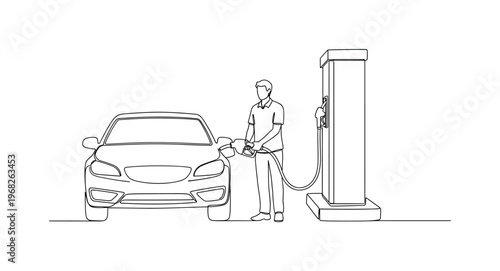 Fuel Stop. Minimalistic one-line drawing driver refueling car at gas station, continuous single black line on white background, simple outline style, no