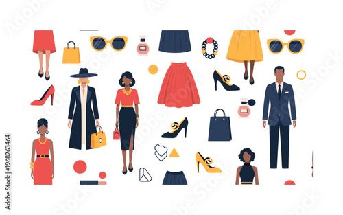 high-fashion icons seamless pattern, repeating pattern, surface design, textile print, modern illustration of models, statement dresses, tailored suits, bold