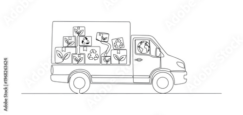 Green Supply Transport. Minimalistic one-line drawing delivery van or truck with eco symbols on packages, continuous single black line on white background,
