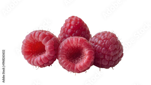 Foto Three plump vibrant red raspberries with delicate green stems and tiny seeds, is