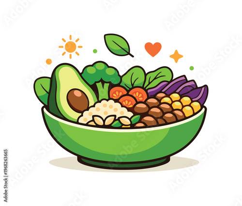 Plant based food bowl illustrated with a vibrant mix of vegetables, beans, and seeds forming a harmonious whole, communicating sustainability and clean eating