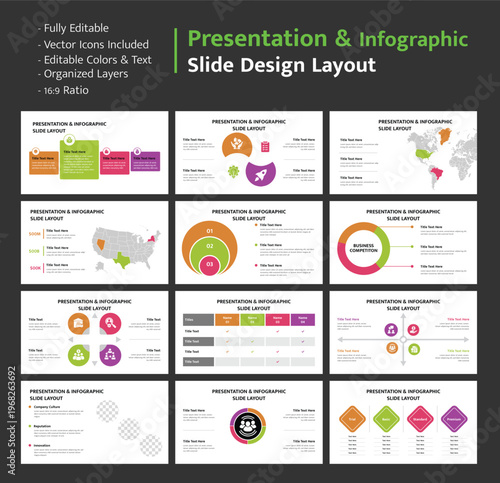 Business infographic presentation layouts with pricing, maps, and team concepts