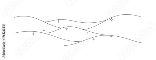 Shimmering Snow. Minimalistic one-line drawing snowdrifts with delicate sparkling details, continuous single black line on white background, simple outline