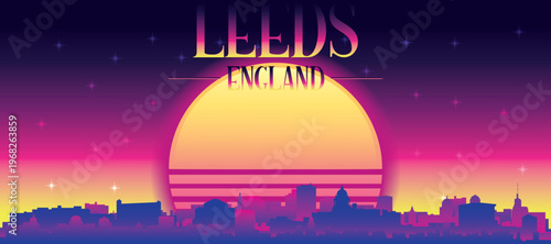 Purple generic retro futuristic synthwave panoramic poster of the city skyline with misty background sunset buildings of LEEDS, UNITED KINGDOM