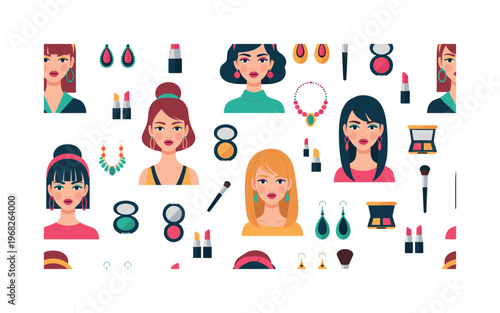 colorful style motifs seamless pattern, repeating pattern, surface design, textile print, modern illustration of models posing, bold lipstick,