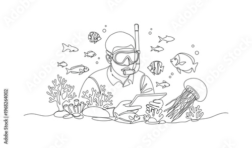 Marine Science. Minimalistic one-line drawing person studying marine organisms underwater, continuous single black line on white background, simple outline