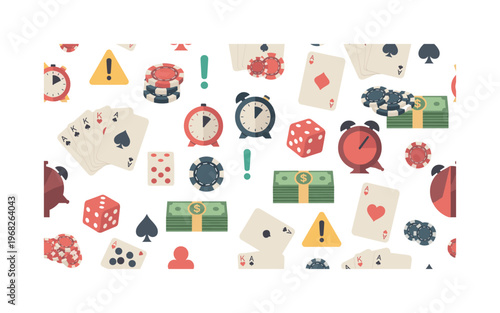 high stakes icons seamless pattern, repeating pattern, surface design, textile print, modern illustration of cards, poker chips, dice, timers, money stacks,