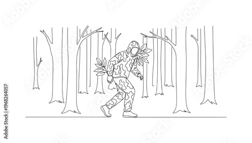 Stealthy Movement. Minimalistic one-line drawing camouflaged person moving through forest quietly, continuous single black line on white background, simple