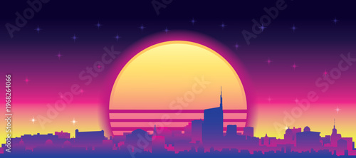 Purple generic retro futuristic synthwave panoramic poster of the city skyline with misty background sunset buildings of MILAN, ITALY