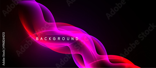 Abstract flowing shapes, vibrant magenta, red hues over black backdrop. Dynamic curves suggest movement, energy, modern design aesthetic.