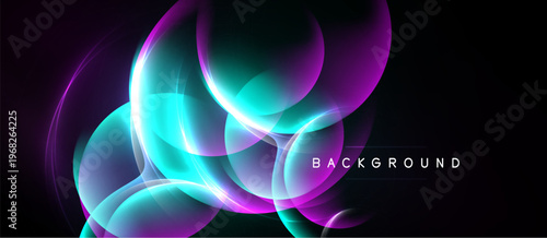 Abstract vibrant neon shapes overlap dark background. Glowing curves create dynamic visual effect. Modern design element.