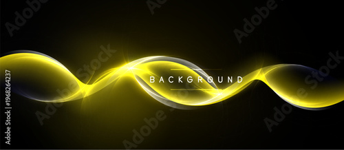 Abstract yellow waves over black background. Bright light effect creates dynamic visual texture. Simple design, modern aesthetic.