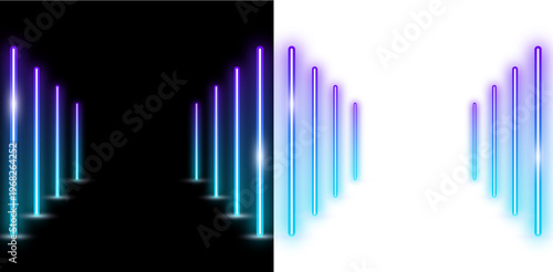 Futuristic neon light pillars in blue and purple gradient on black background.