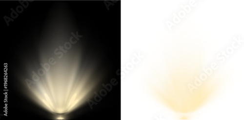 Golden soft spotlight beam with radiant rays and warm glow on black background.