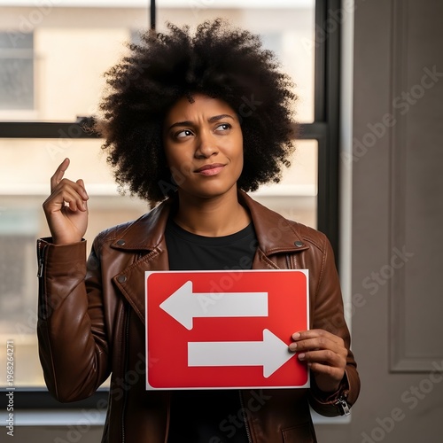 Person holding a directional sign with a peace gesture