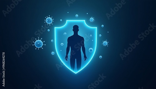 A glowing shield surrounding a human silhouette while germs and bacteria bounce off, symbolizing immunity, protection, and hygiene awareness
