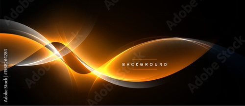 Abstract orange lines flow across dark background. Bright light emanates from center, creating dynamic visual effect. Simple, modern design.