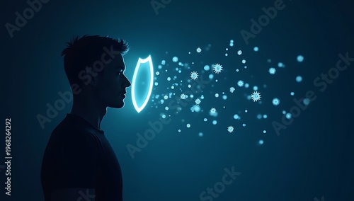 A glowing shield surrounding a human silhouette while germs and bacteria bounce off, symbolizing immunity, protection, and hygiene awareness
