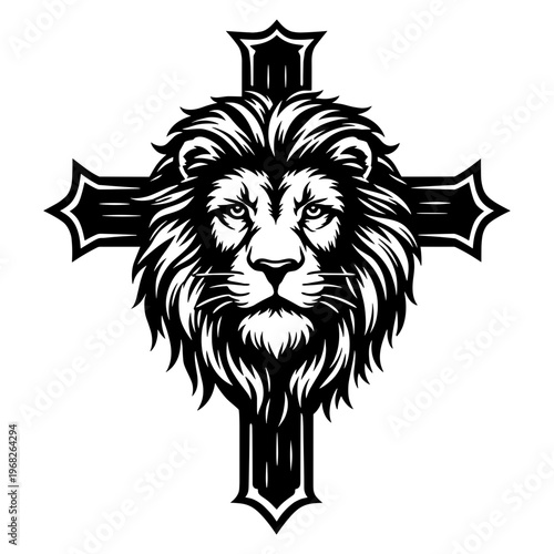 Majestic Lion Head Overlaid On A Christian Cross, Religious Symbol Of Faith, Strength, And Spiritual Leadership, Black And White Vector Art