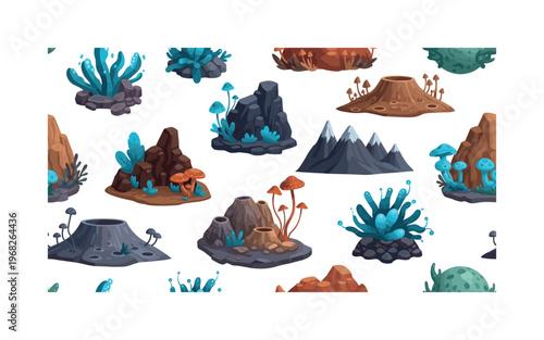 alien planet with strange landscapes seamless pattern, repeating pattern, surface design, textile print, modern illustration of bioluminescent plants, rocky