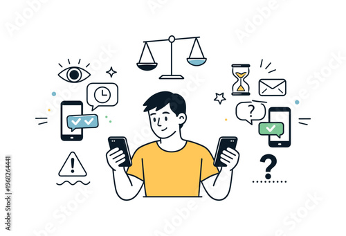 Read receipt social dynamics. Person comparing chats with and without read receipts, neutral reflection on communication norms. Abstract symbols highlight