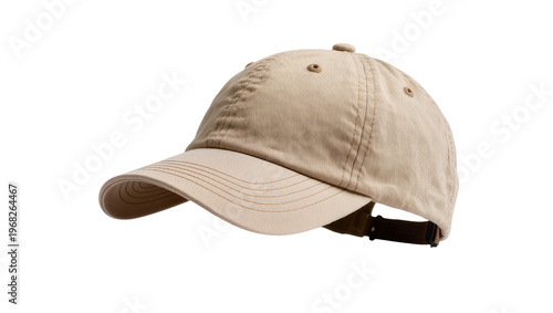 Tableau sur toile Worn beige baseball cap with slightly curved brim and adjustable strap, isolated