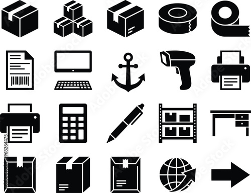 Flat design vector icon set for logistics, shipping, delivery, and office supplies on a transparent background.