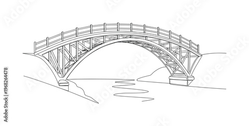Wooden Arch Bridge. Minimalistic one-line drawing arched bridge with wooden beams spanning river, continuous single black line on white background, simple