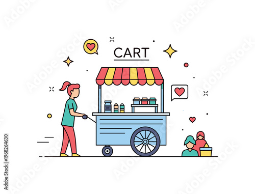 Cart street vendor scene where a small food cart is pushed along a sidewalk while tiny sparkle and heart icons highlight entrepreneurship, mobility, and