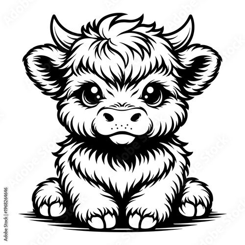 Adorable Baby Highland Cow With Fluffy Fur And Large Eyes, Cute Farm Animal Calf Portrait In A Minimalist Black And White Style