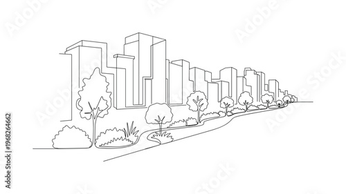 Eco-Friendly Urban Corridor. Minimalistic one-line drawing trees and shrubs creating path for wildlife amidst buildings, continuous single black line on white