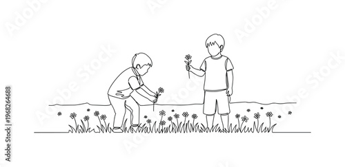 Flower Picking. Minimalistic one-line drawing kids picking flowers in field, continuous single black line on white background, simple outline style, no